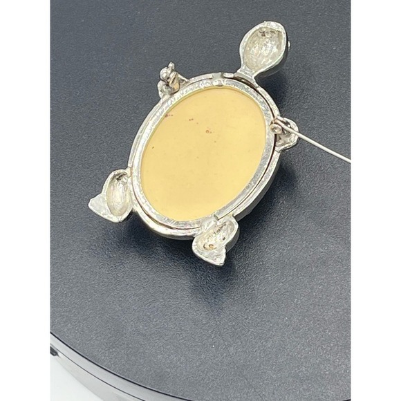 Vintage Turtle Cream Stone Silver Tone Pave Crystals Pin Brooch - Picture 8 of 14